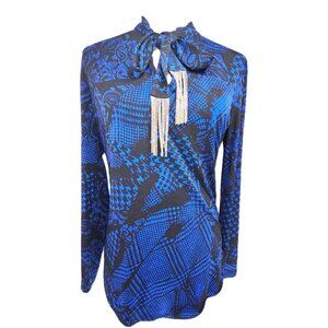 Michael Kors Blue Black Chain Tie Front Plaid Paisley Print High Neck Top